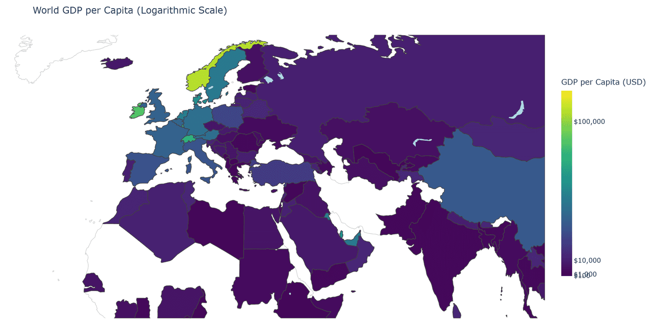 World choropleth map showing GDP per capita with Viridis color scale