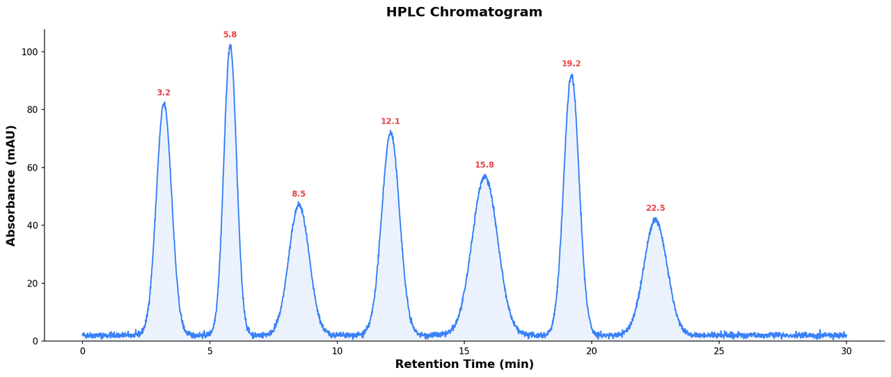 HPLC chromatogram showing UV detector response versus retention time with labeled compound peaks and integrated areas