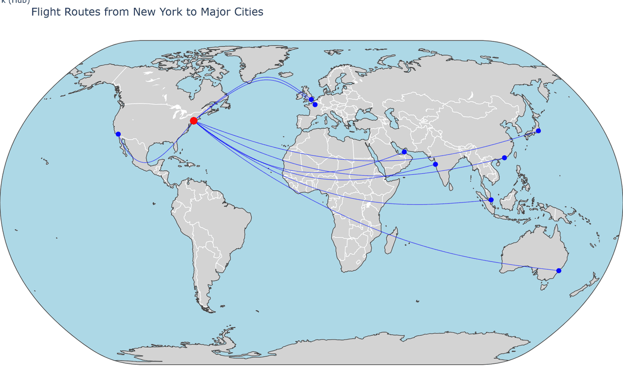 Interactive connection map showing flight routes from New York to major cities worldwide