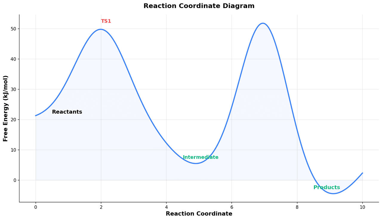 Reaction coordinate diagram showing potential energy on y-axis versus reaction coordinate with labeled reactants, transition state, and products