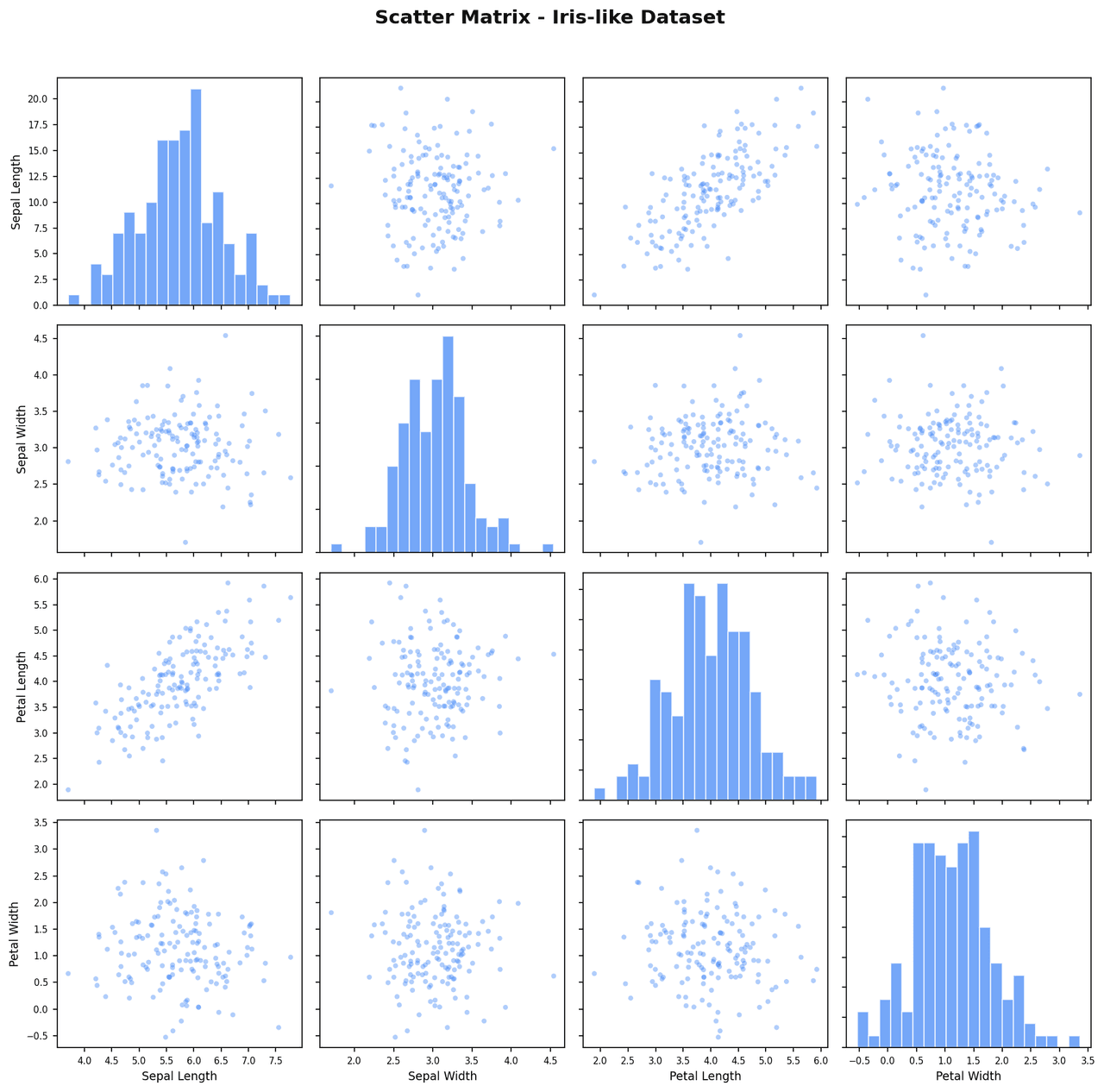 Scatter matrix with pairwise scatter plots in off-diagonal cells colour-coded by group and histogram or KDE diagonal plots for each variable