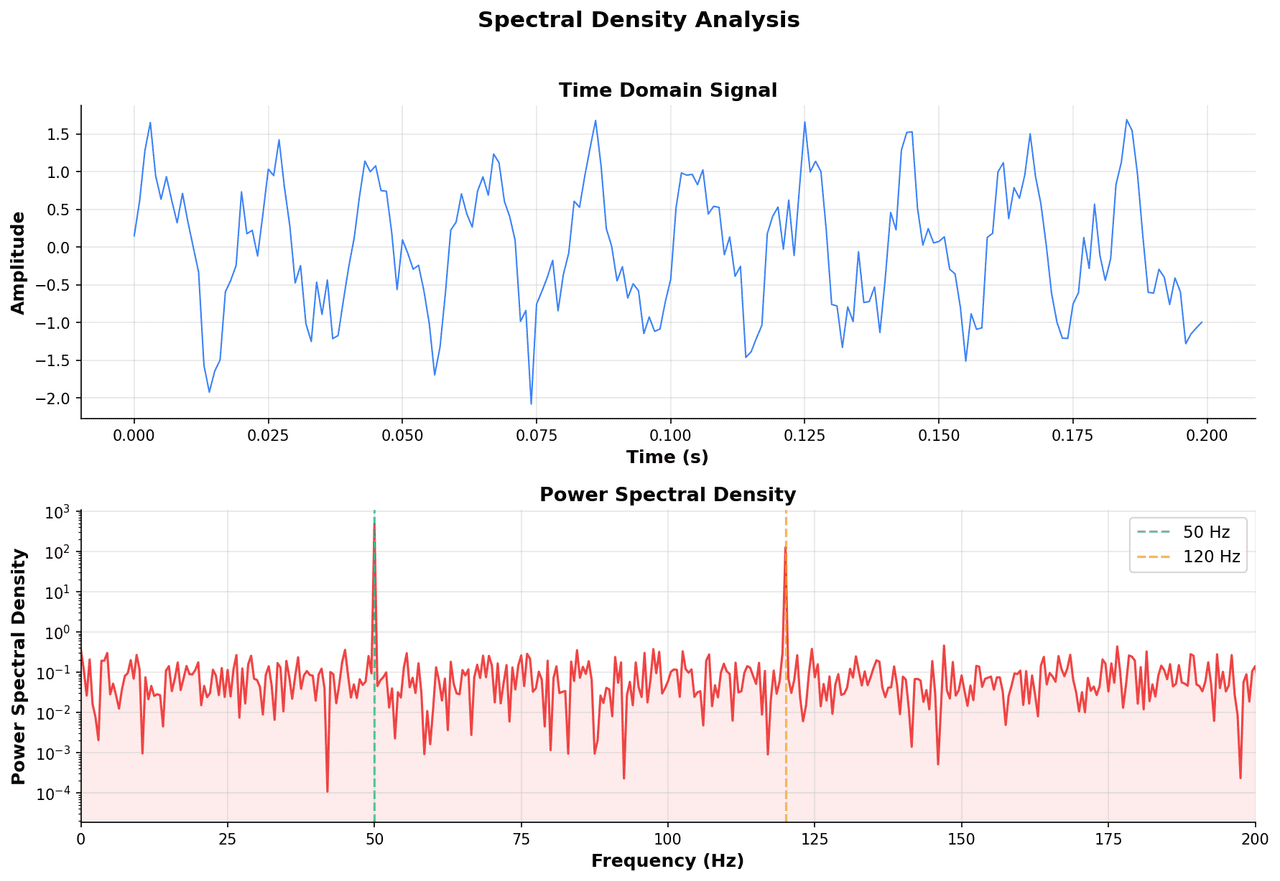 Log-log power spectral density plot with frequency on x-axis and power on y-axis showing dominant spectral peaks
