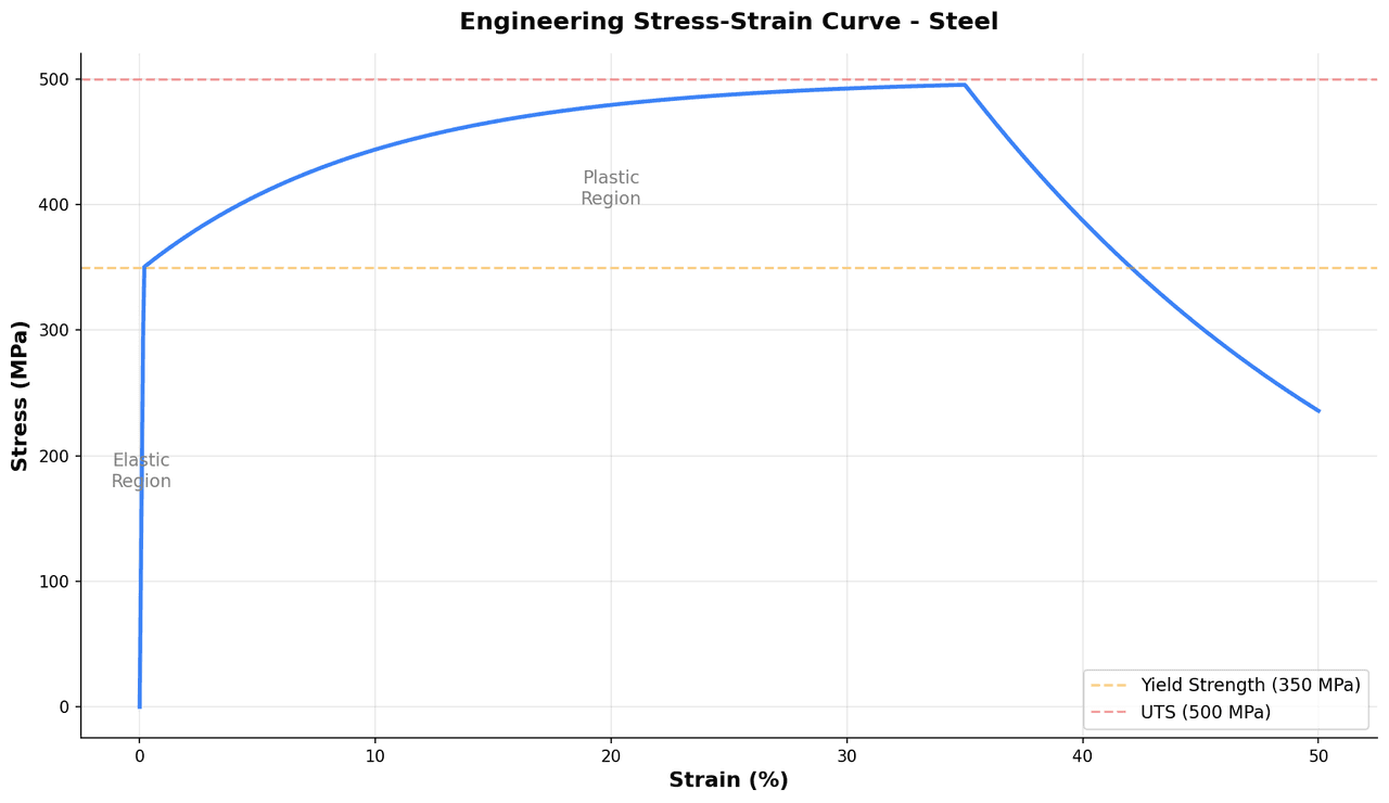 Stress-strain curve showing elastic region, yield point, plastic region, ultimate tensile strength, and fracture point with annotations