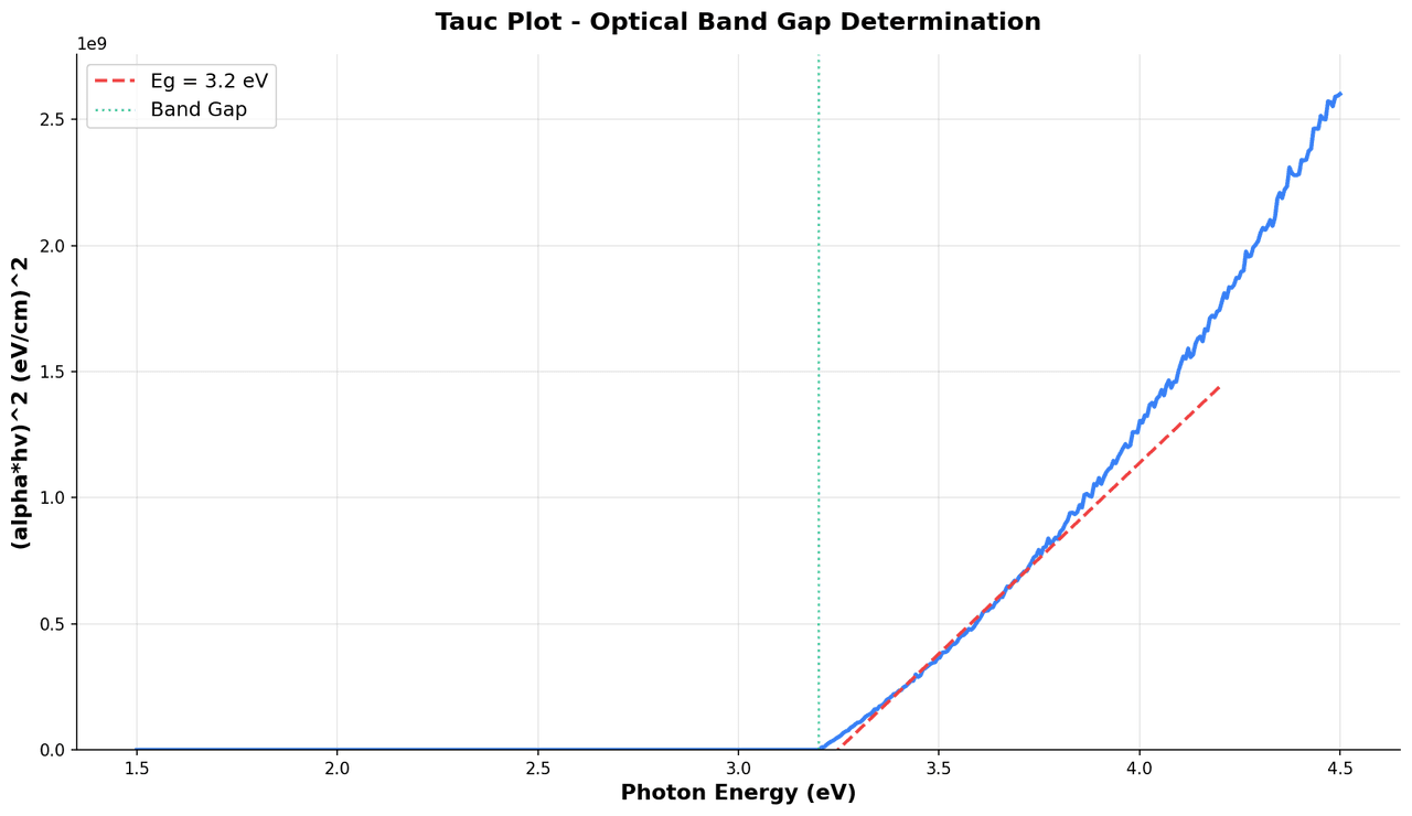 Tauc plot showing (alpha*h*nu)^2 versus photon energy with a linear fit extrapolated to the x-axis to determine the optical band gap