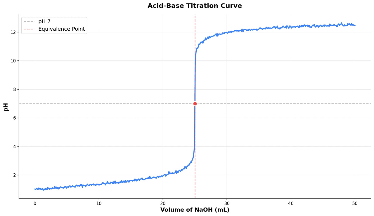 Sigmoidal acid-base titration curve showing pH versus titrant volume with marked equivalence point and buffer region
