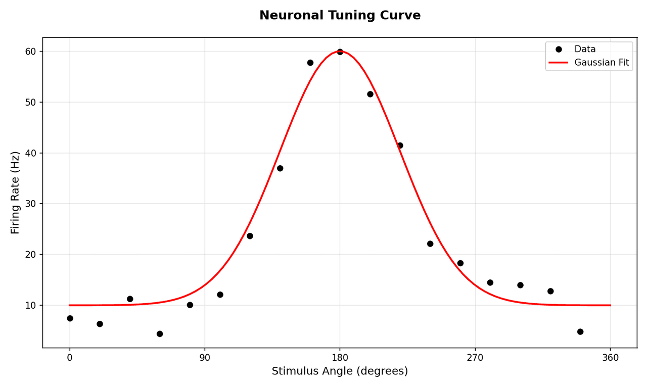 Tuning curve showing mean firing rate with error bars plotted against stimulus orientation from 0 to 360 degrees with a fitted von Mises function
