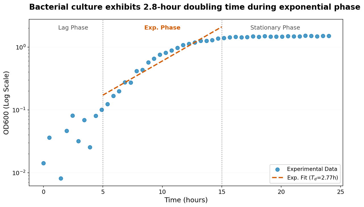 Semi-logarithmic plot of bacterial growth showing optical density (OD600) as a function of time.