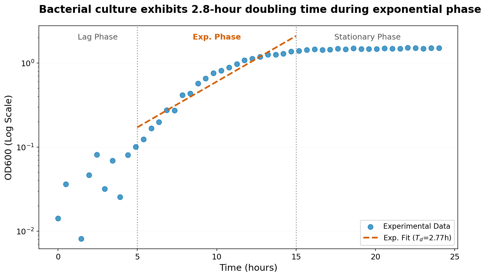 Semi-logarithmic plot of bacterial growth showing optical density (OD600) as a function of time.