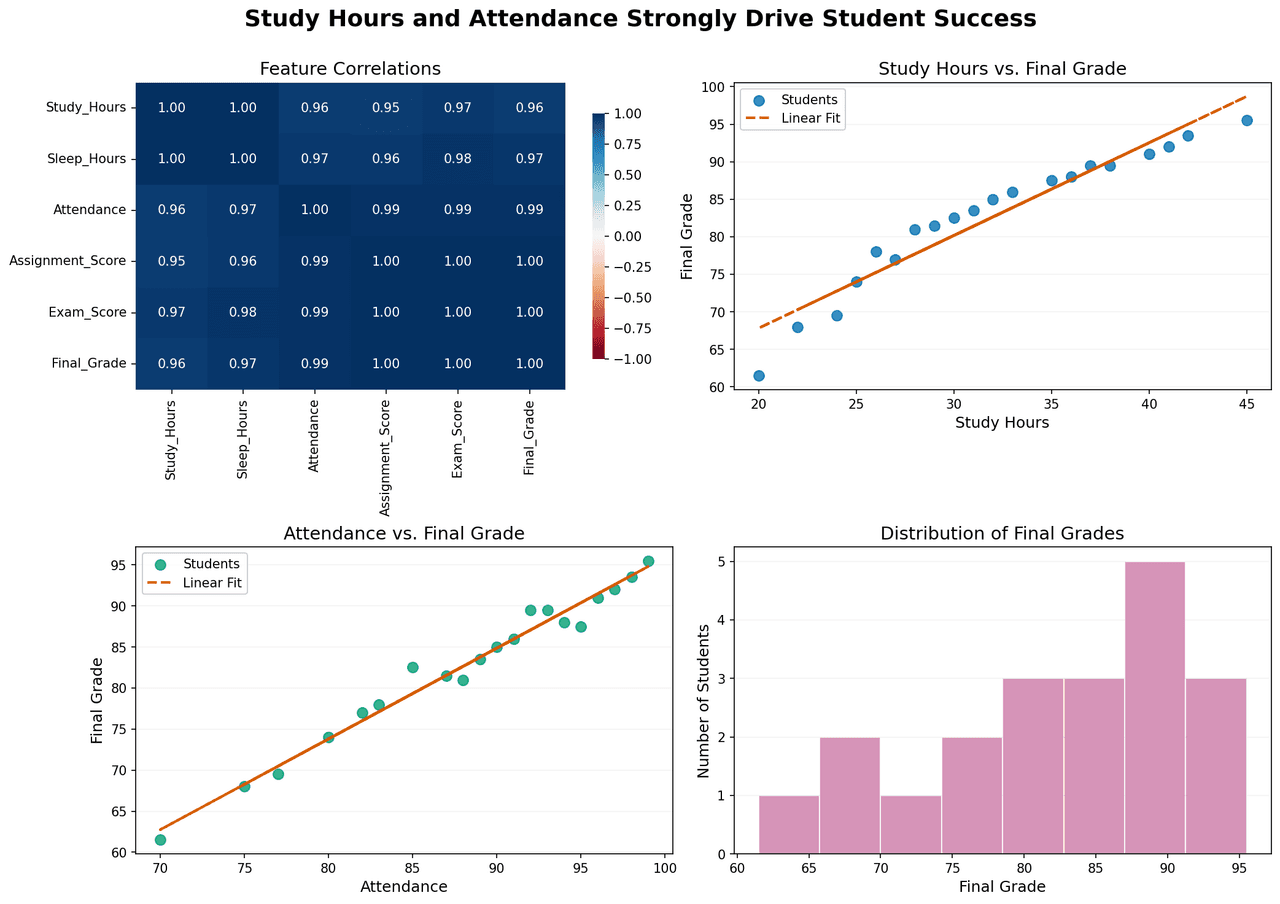 Correlation analysis and performance distribution of student success metrics.
